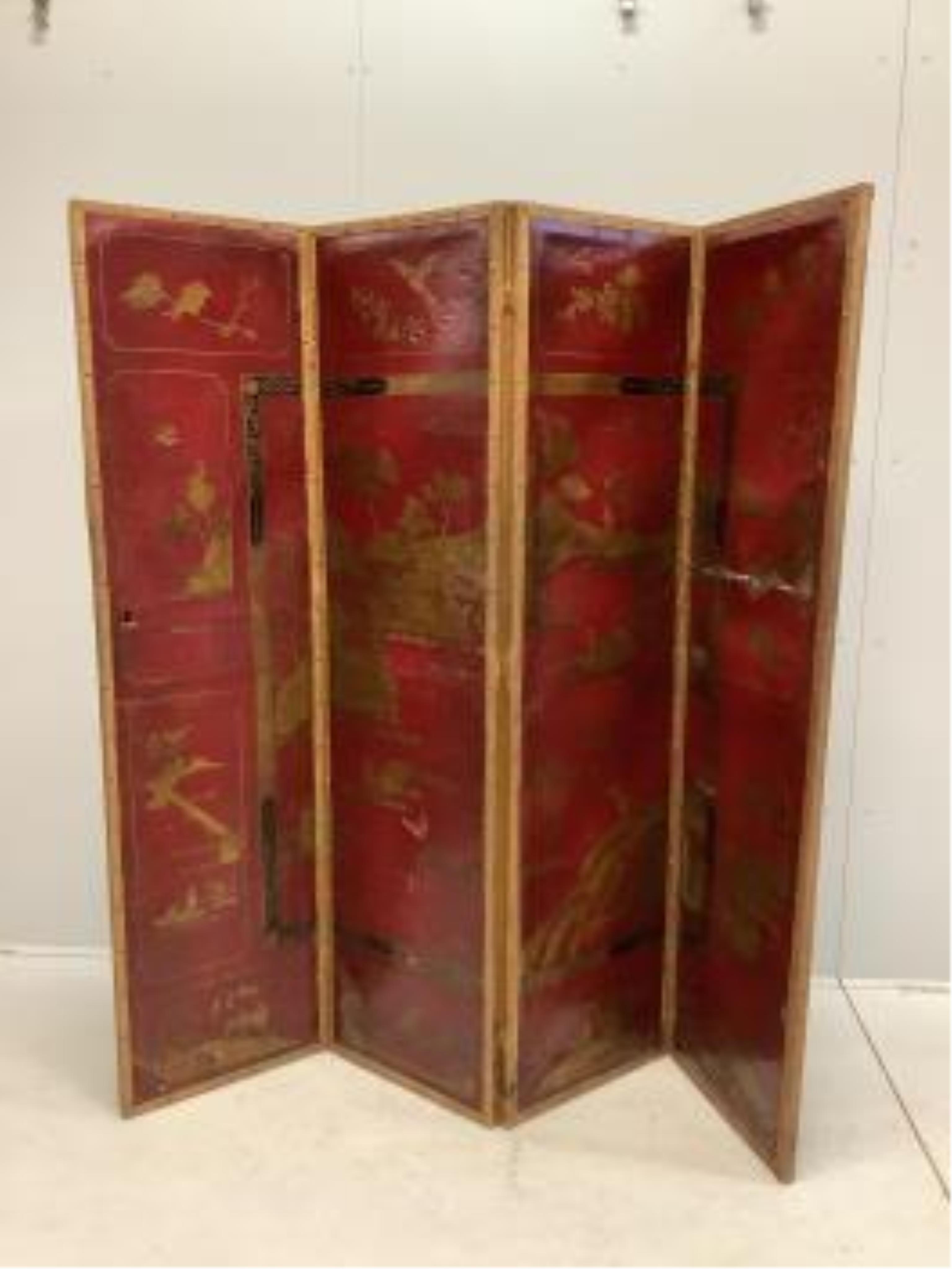 An early 20th century chinoiserie painted leather four fold screen, each panel width 46cm, height 180cm. Condition - poor to fair (two panels holed in three places, one with poor horizontal restoration)